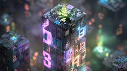 Obraz premium Futuristic digital building made of colorful glowing blocks dissolving into dynamic particles and lines on a dark background