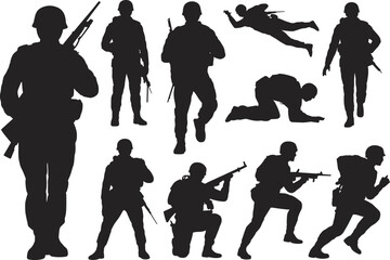 Military soldier silhouettes set, army infantry vector collection, combat troops with guns, war action figures, isolated black icons.