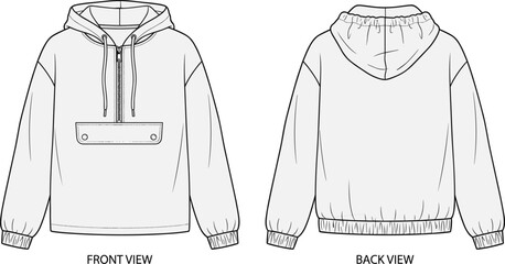 Oversized anorak hoodie technical fashion flat sketch, front and back view, half zip, flap pocket, vector illustration template for apparel design. © Iqbal creative 