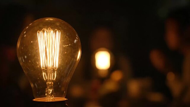 Close-up of vintage filament light bulb illuminating a dark background with