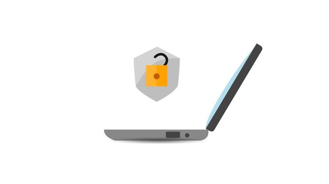 A clean and minimal animation showing an open laptop with an unlocked padlock icon floating above it, symbolizing data access, cybersecurity breach, online security, privacy issues, or authorized syst