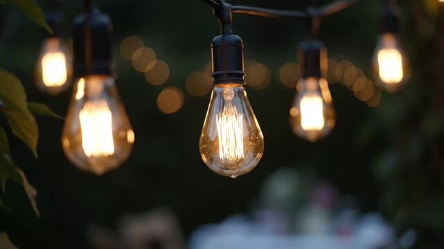 Warm glowing string lights illuminating an outdoor evening ambiance for cozy