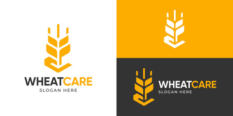 Creative simple wheat care logo template. Abstract hand with wheat grain rice logo design vector illustration.