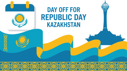 Day Off for Republic Day Kazakhstan with National Flag Calendar and Silhouette of Astana Landmark 130 Characters