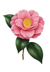 ultra-detailed japanese botanical watercolor of a perfect rose pink camellia japonica flower and green leaves, isolated on white background with copy space, concept of botanical perfection and