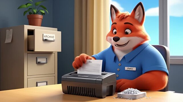 A cartoon fox character shredding documents in an office setting.