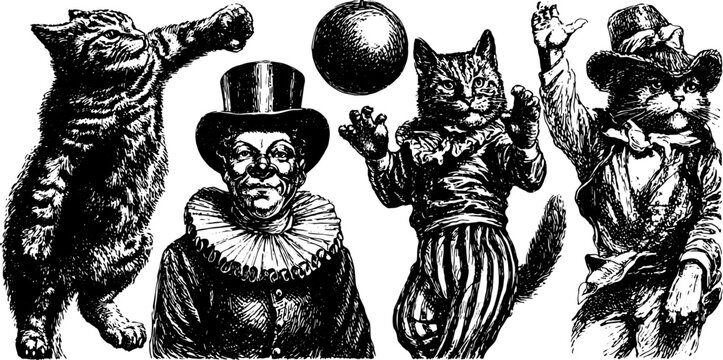 Vintage illustration of a set with cats as performers in a circus, including a clown and juggling. Vector design in black and white style.