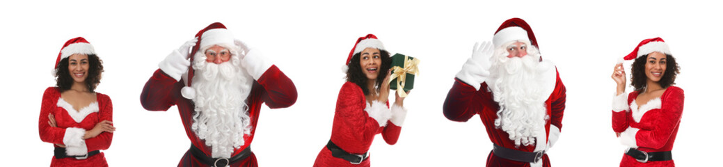 Man and woman in Santa costumes on white background. Merry Christmas and Happy winter holidays