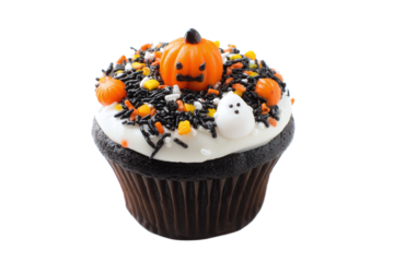 Halloween cupcake isolated on transparent background with pumpkin topper