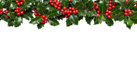 Lush, detailed top border of ilex aquifolium holly branches, glossy green leaves, crimson berries, and subtle frost, against a pristine transparent copy space background. Concept of festive