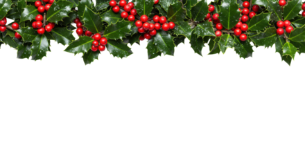Lush, detailed top border of ilex aquifolium holly branches, glossy green leaves, crimson berries, and subtle frost, against a pristine transparent copy space background. Concept of festive