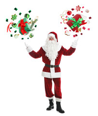 Santa Claus levitating Christmas decor, treats and gift boxes on white background