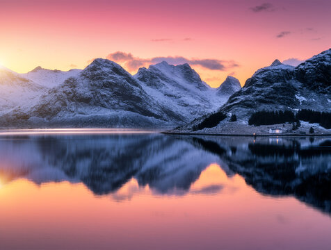 Pink and orange sunrise sky over snowy mountains reflecting in a calm lake. Lofoten islands, Norway. Winter landscape with fjord, sea, colorful sky, rorbu, rocks in snow, reflection in water. Nature