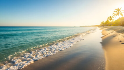Coastal Serenity: A scenic coastline basks in the sun, with gentle waves rolling onto a pristine sandy beach, evoking feelings of relaxation and peace.