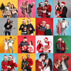 Merry Christmas and Happy New Year! Lovely couples on colorful backgrounds, collage