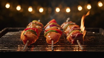 Skewers with sizzling meat peppers and vibrant flames on grill at night