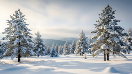 Obraz premium Winter Wonderland: A picturesque winter landscape of snow-covered fir trees bathed in the soft glow of sunlight, evoking a sense of calm and tranquility.
