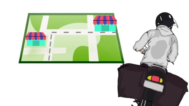 Footage of a delivery rider navigating a map to reach a small shop, showcasing fast, precise, and reliable service for modern courier and logistics needs.