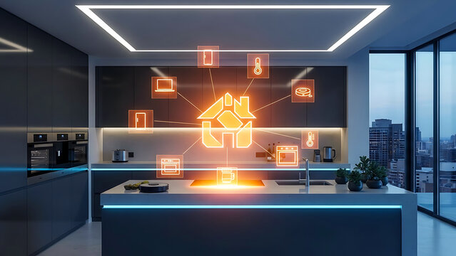 Modern smart kitchen with connected home technology icons and city view