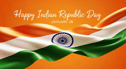 Happy Republic Day of India celebration on January 26. Indian flag and text on orange background