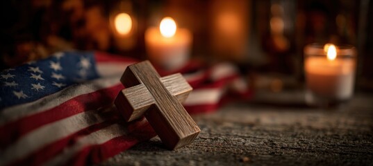Wooden Cross and American Flag in Candlelit Remembrance Scene