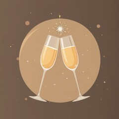 Minimal vector champagne flutes clinking in warm pastels with tiny sparkles
