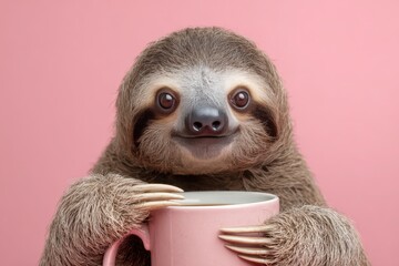 Naklejka premium Adorable Sloth Holding Large Coffee Mug on Pink Background