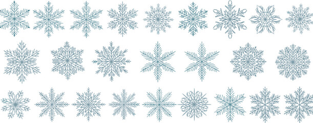 Winter snowflake vector collection, Christmas ice crystal elements, frozen patterns, snowfall decoration icons, holiday season design, cold weather symmetry graphics, festive borders set