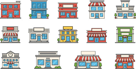 Storefront and small city building illustration set featuring retail shops, cafes, boutiques, apartments, and urban street architecture icons