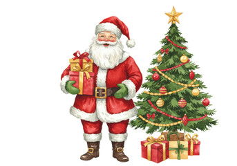 Watercolor illustration of jolly santa in a deep forest green velvet suit, presenting gifts next to a decorated christmas tree on an absolute white background, concept for classic festive celebration