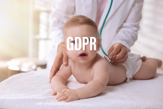 General Data Protection Regulation. Doctor examining little baby in clinic, closeup. GDPR abbreviation covering child's face. Privacy security - Powered by Adobe