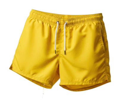 Summer fun bright yellow swim shorts beach product display isolated on transparent background