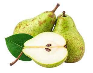 Three pears, one sliced open, with a single leaf against a black background