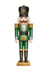 highly detailed watercolor illustration of a vintage wooden nutcracker soldier in a rigid emerald green and gold uniform, isolated on a white background. concept of traditional festivity