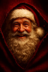 Intense Close-up Portrait of Santa Claus Peeking Through Red Fabric