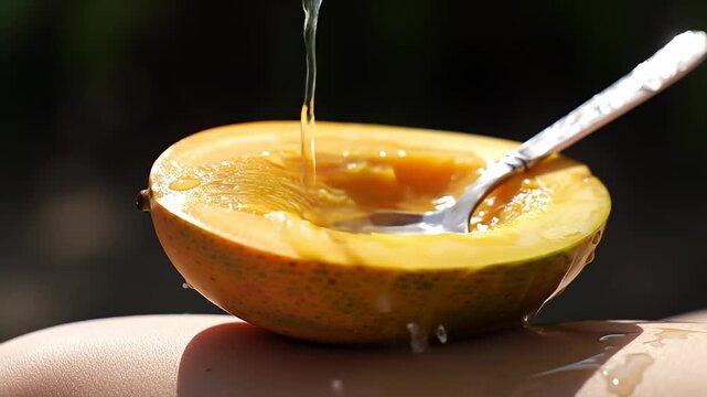 Water pouring into a halved papaya with a spoon.