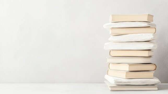 Tall stack of old books and soft white objects on a clean surface, representing creative thinking and imagination.
