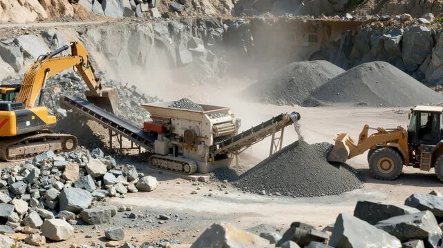 Rock processing at open-pit quarry with heavy machinery. Excavator loads mobile crushing plant while wheel loader moves aggregate material. Panning and tilting camera movements.