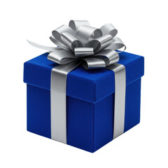 royal blue velvet square gift box tied with a metallic silver silk perfect bow, isolated on a white studio background with copy space, shot with a macro lens. concept for luxury advertising
