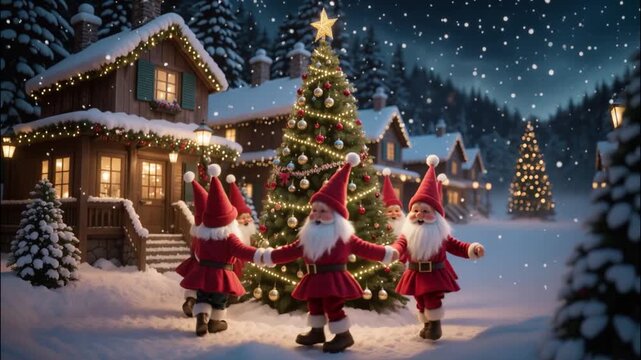 Cheerful Christmas elves dancing around a decorated tree in a snowy, glowing holiday village filled with festive lights and cozy wooden cottages.