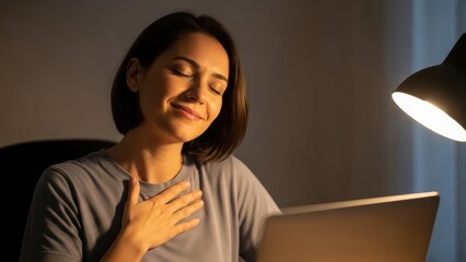 Content hispanic female relaxing by laptop under warm lamp light