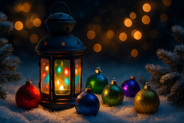 Cozy Christmas Night Lantern with Colorful Ornaments on Snowy Ground