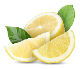 Lemon pieces and green leaves isolated on white