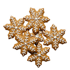 six rustic, golden gingerbread snowflake cookies with detailed white royal icing, arranged and isolated on a transparent background in a macro flat lay view. festive christmas sweets concept