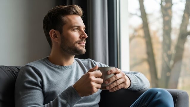 Caucasian male adult relaxing indoors with coffee in casual attire