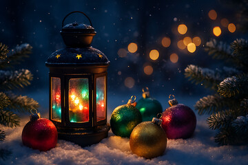 Cozy Christmas Night Lantern with Colorful Ornaments on Snowy Ground