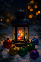 Cozy Christmas Night Lantern with Colorful Ornaments on Snowy Ground