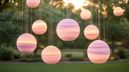 Soft pastel spheres hanging outdoors with gentle lighting and blurred green foliage background creating a dreamy atmosphere.