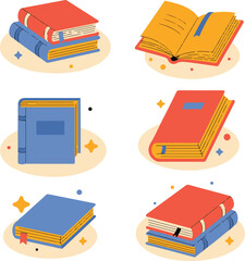 Set of book illustration stack of books closed and open books book with bookmark education and study learning literature library