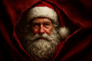 Intense Close-up Portrait of Santa Claus Peeking Through Red Fabric